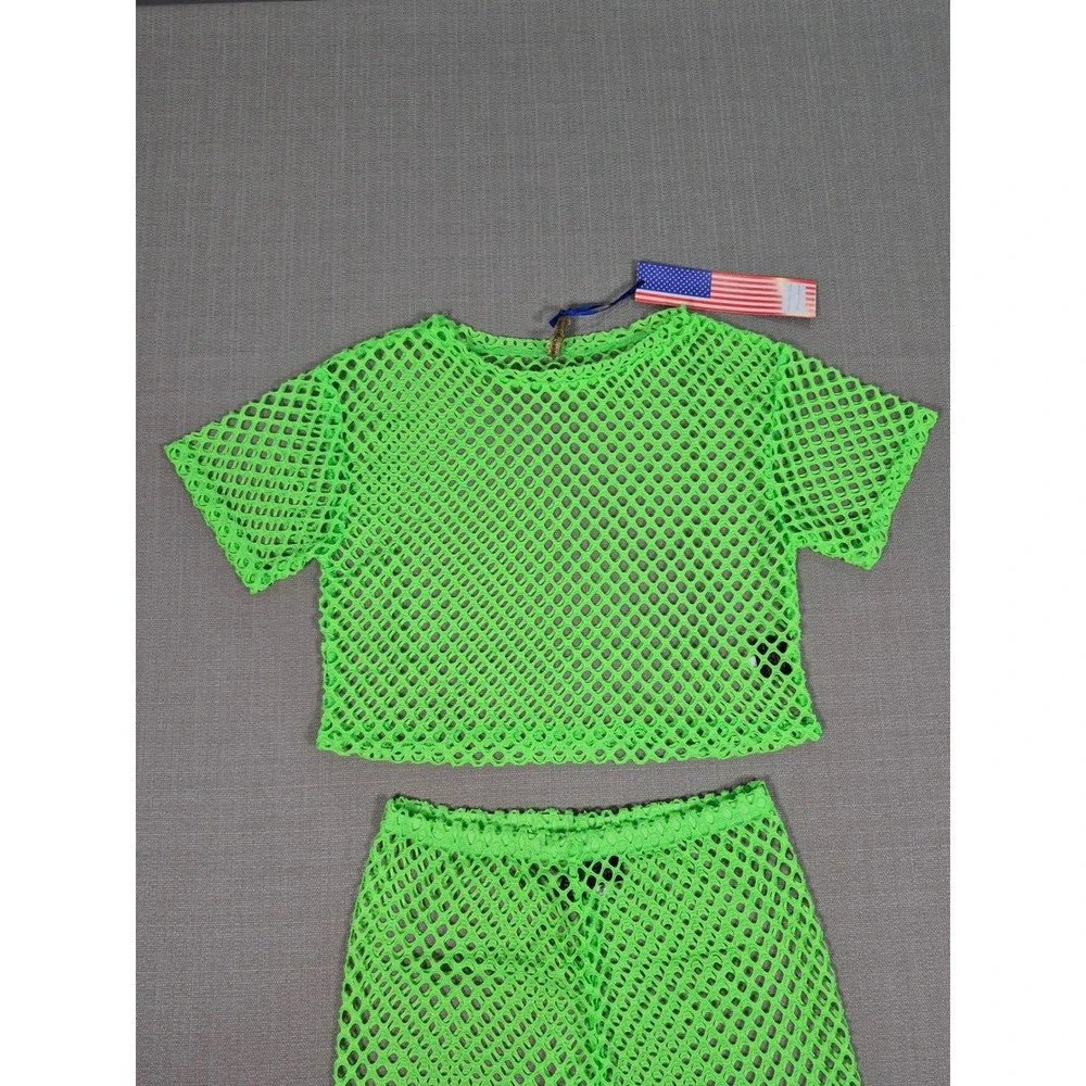 American Leisure Womens Neon Green Mesh Two Piece Set Crop Top Shorts Small NWT